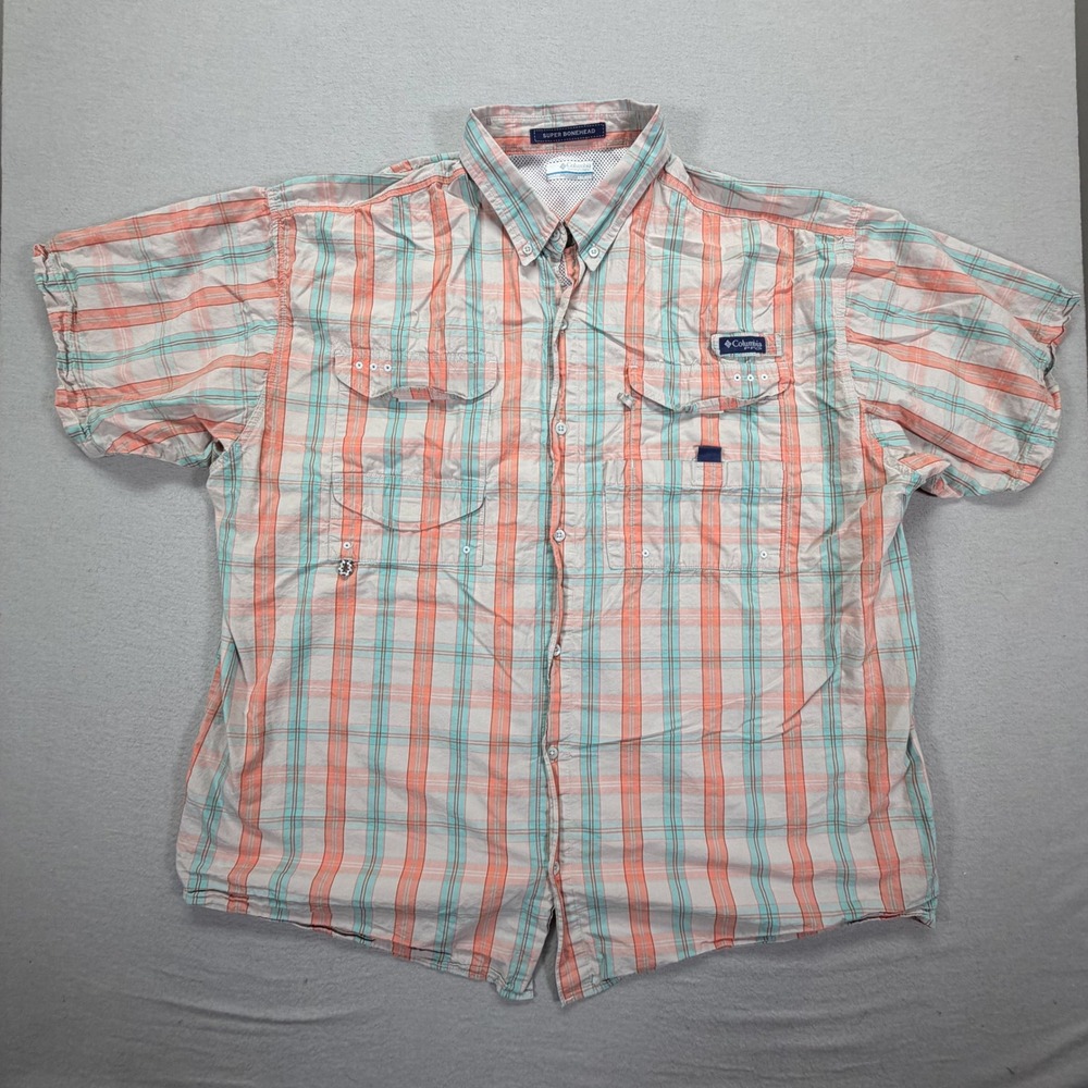 Columbia Fishing Shirt Mens XXL Good Orange Teal Plaid PFG Super Bonehead S/S